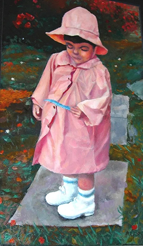 oil Pink Lady with Feather Liana 6x10 1986