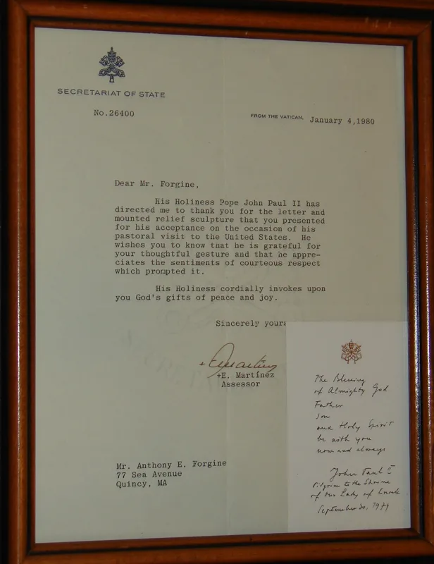 p gift to Pope John Paul II letter of appreciation